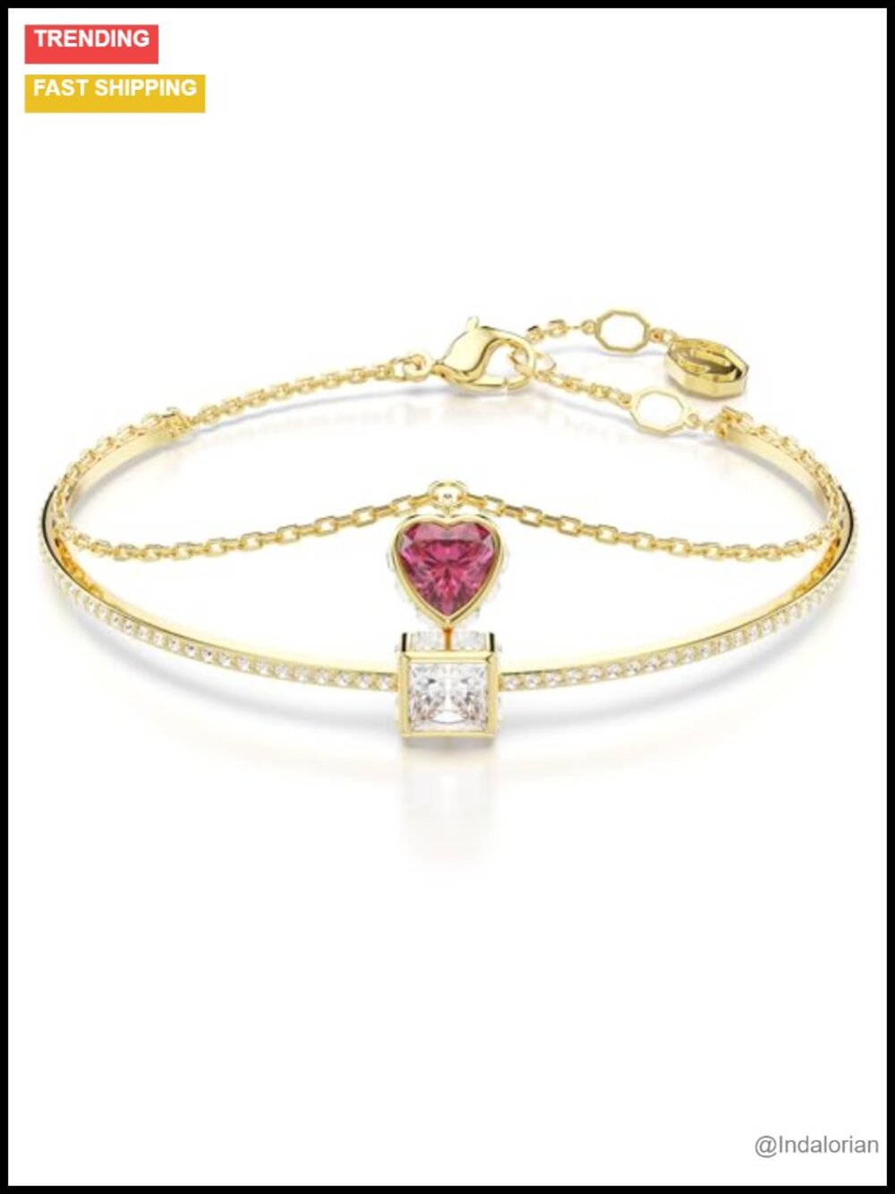 Crystal Bangle Bracelet Gold Tone Heart Charm Double Chain Lobster Clasp